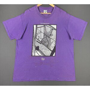 Vintage 90's Stuart Katt Cat Wants In Out Art Drawing Fun Humor Purple XL Shirt
